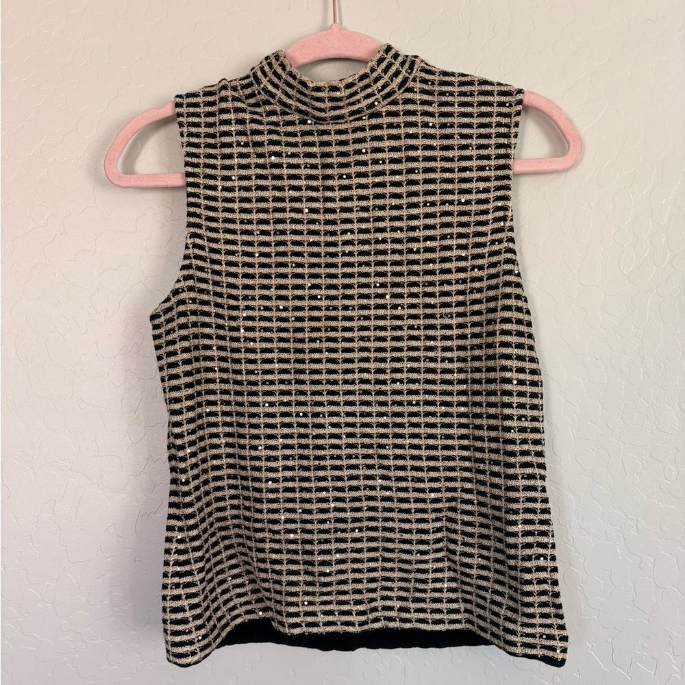 St. John Wool Tweed Gold Sequin Mockneck Top Small